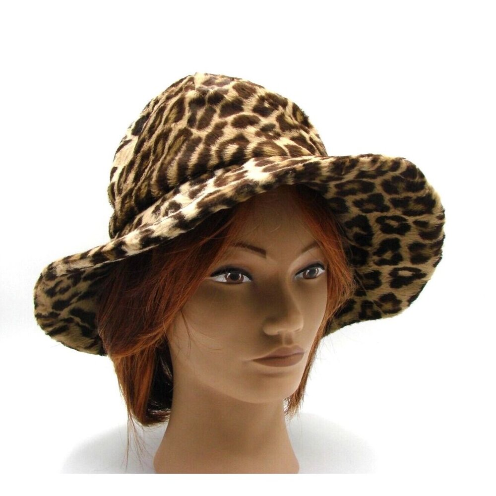 Mr. John Classic Womens Faux Fur Leopard Print Wide Brim Bucket Hat Fuzzy 1960s